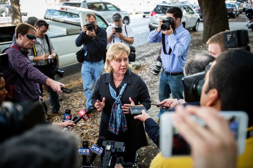 Sen. Mary Landrieu (D-La.) speaks at a polling station in Eleanor McMain Secondary School in New Orleans, Nov. 4, 2014. (Photo by William Widmer/The New York Times/Redux)
