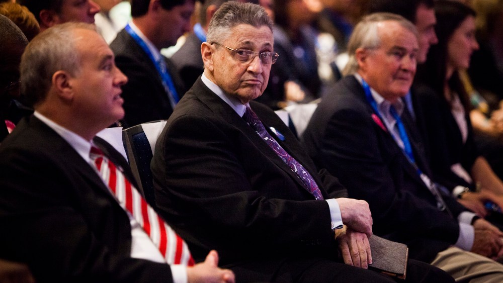 Speaker of the New York State Assembly Sheldon Silver, center, in Melville, N.Y., on May 22, 2014. (Photo by Christopher Gregory/The New York Times/Redux)