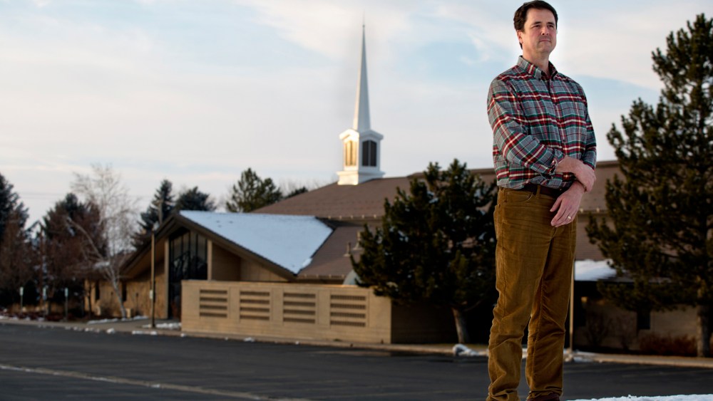 John Dehlin, outside his local ward of the Church of Jesus Christ of Latter-day Saints in Logan, Utah, Jan. 15, 2014. (Photo by Kim Raff/The New York Times/Redux)