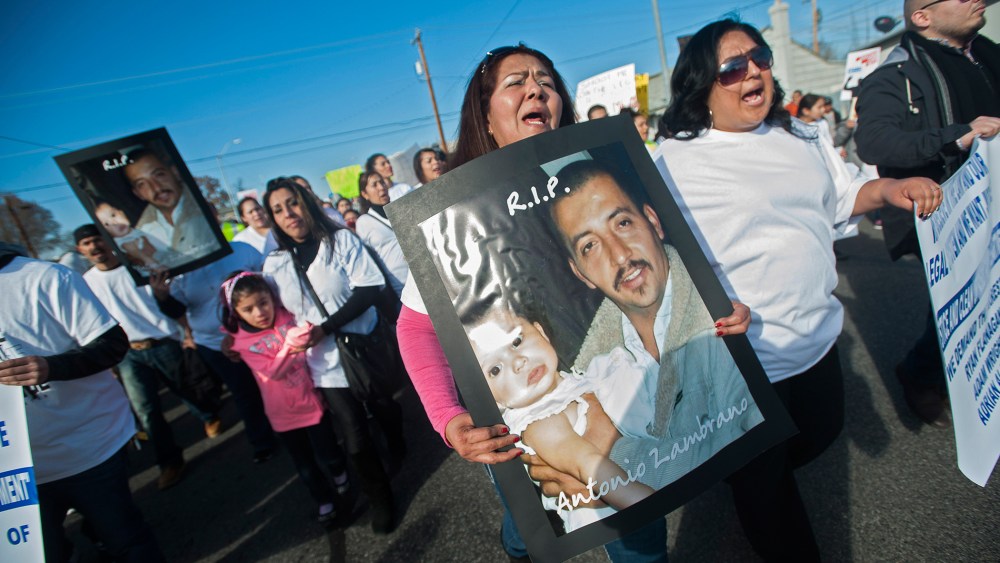 Marchers carry posters of Antonio Zambrano-Montes during a protest over the police killing on Tuesday of the Mexican-born apple picker, in Pasco, Wash., Feb. 14, 2015. (Photo by Rajah Bose/The New York Times/Redux)