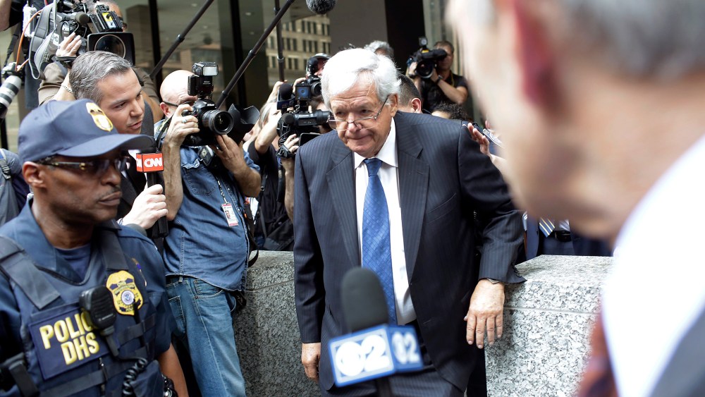 Dennis Hastert, the former speaker of the House of Representatives, leaves a federal courthouse after his arraignment in Chicago, June 9, 2015. (Photo by Joshua Lott/The New York Times/Redux)
