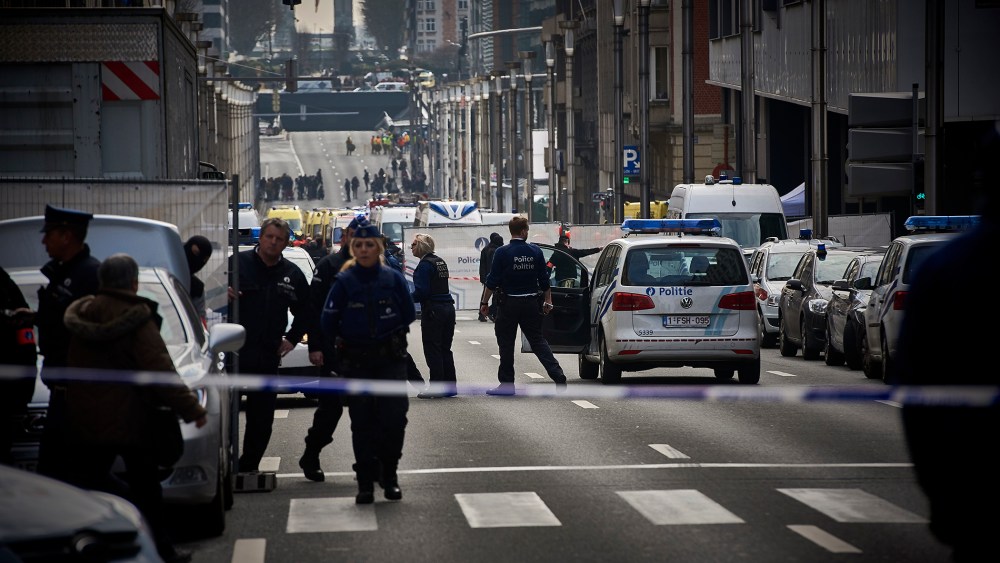 Police at the Rue de la Loi near the Metro attack on Maelbeek station in Brussels, Belgium on March 22, 2016. (Photo by Eric Herchaft/Reporters/Redux)