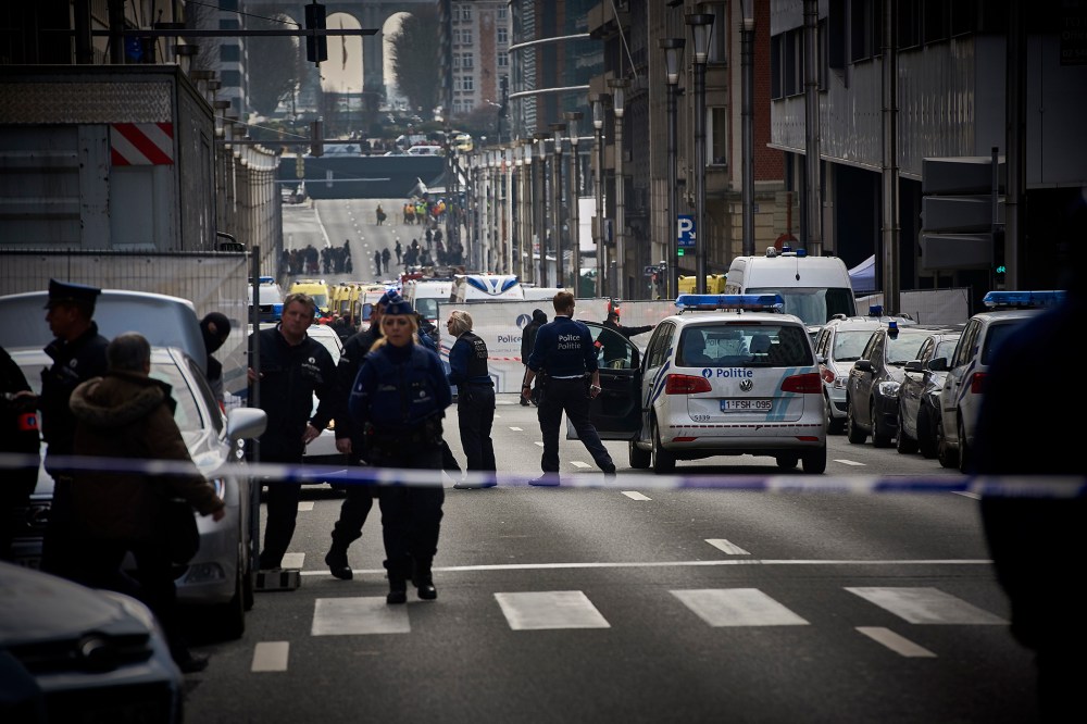 Police at the Rue de la Loi near the Metro attack on Maelbeek station in Brussels, Belgium on March 22, 2016. (Photo by Eric Herchaft/Reporters/Redux)