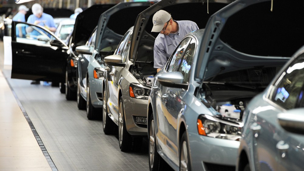 Passat sedans come off the assembly line at the Volkswagen automobile assembly plant, Feb. 21, 2012, in Chattanooga, Tenn.
