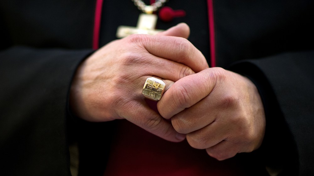 A close-up view of a Catholic bishop's hands on January 23, 2013.
