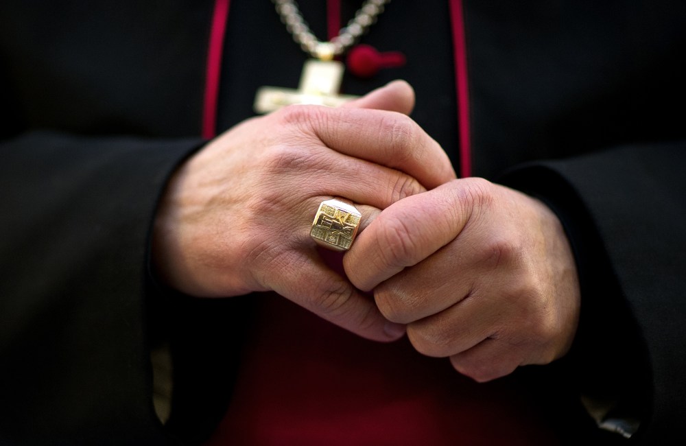 A close-up view of a Catholic bishop's hands on January 23, 2013.