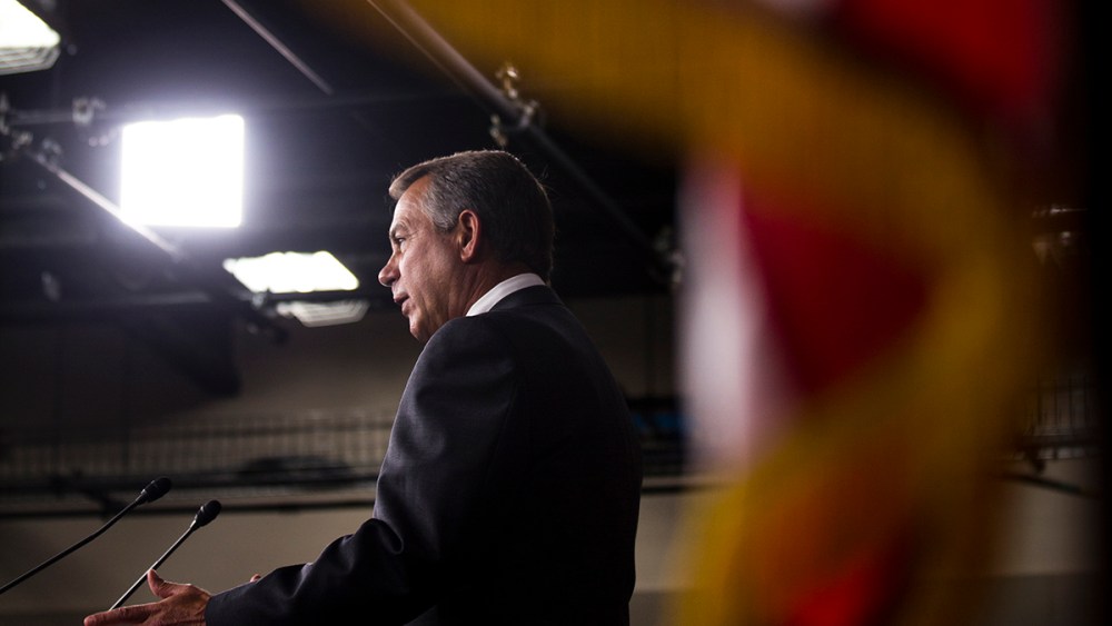 Speaker of the House John Boehner, speaks to the media about the pending immigration bill, and the gun amendments that failed to pass in the Senate, in the US Capitol in Washington, DC.
