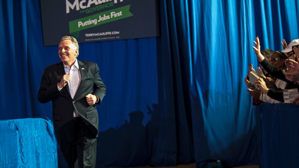 Terry McAuliffe campaigns at an event in, Arlington, Virginia, November 3, 2013.
