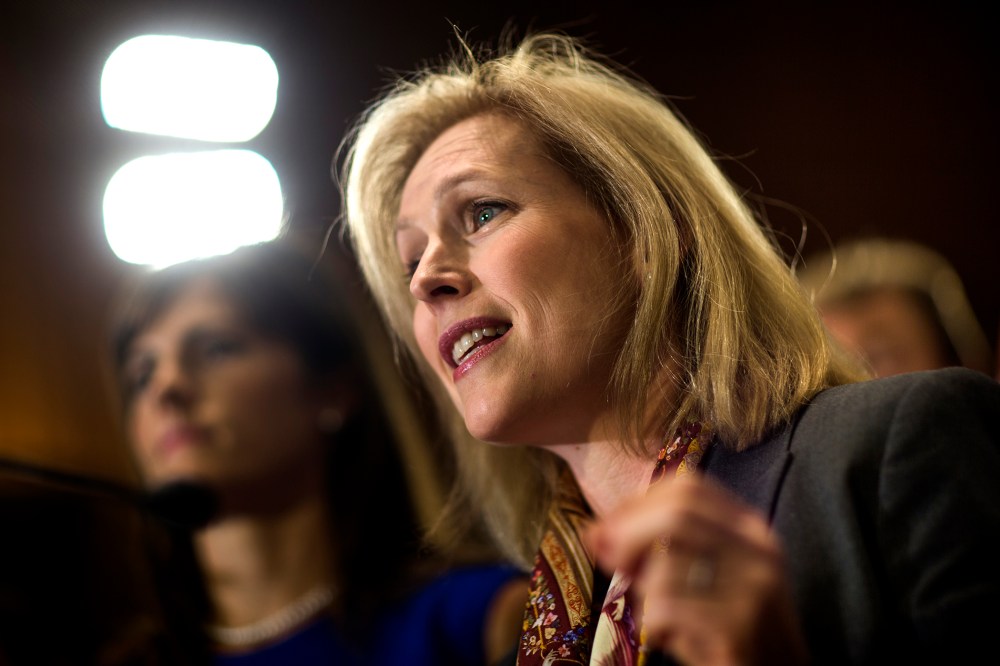 Senator Kirsten Gillibrand (D-NY) speaks in the Dirksen Senate Office Building in Washington, DC, Nov. 19, 2013.