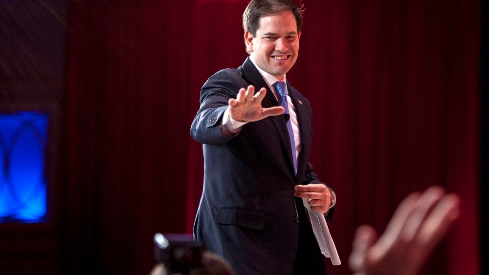 Sen. Marco Rubio (R-Fla.) leaves the stage following his speech to the American Conservative Union's 42nd Annual Conservative Political Action Conference (CPAC) at National Harbor, Md., on Feb. 27, 2015. (Photo by Pete Marovich/EPA)