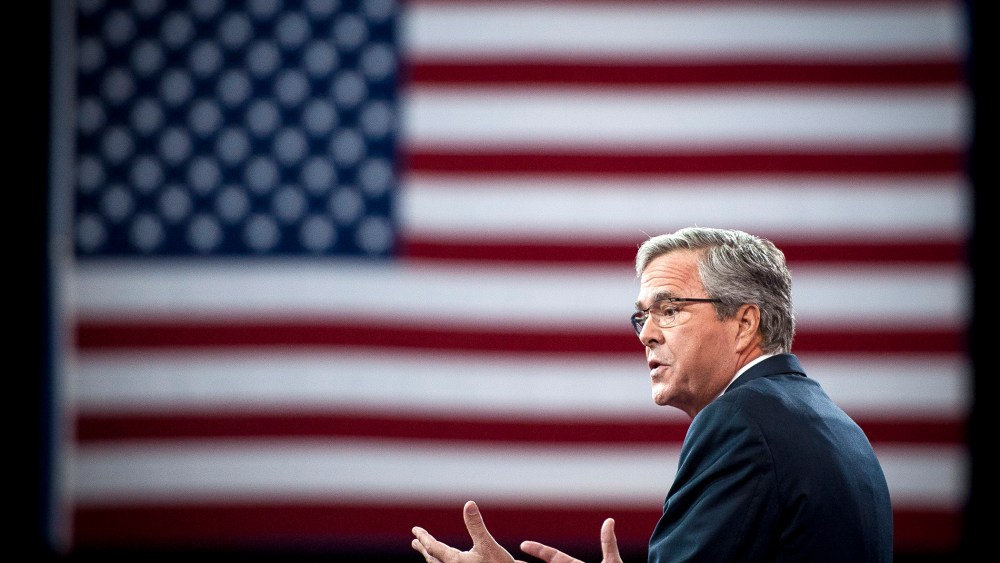 Former Florida Governor Jeb Bush addresses the American Conservative Union's 42nd Annual Conservative Political Action Conference (CPAC) at National Harbor, Md., on Feb. 27, 2015. (Photo by Pete Marovich/EPA)