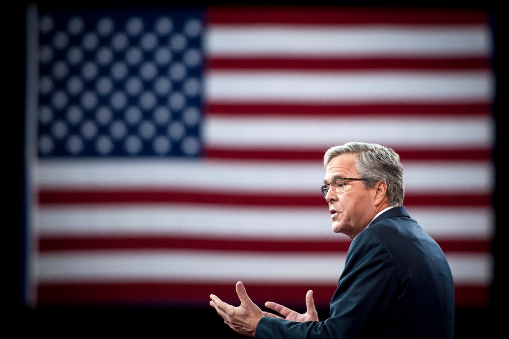 Former Florida Governor Jeb Bush addresses the American Conservative Union's 42nd Annual Conservative Political Action Conference (CPAC) at National Harbor, Md., on Feb. 27, 2015. (Photo by Pete Marovich/EPA)