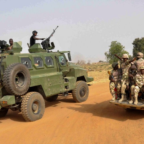 A photograph made available on March 8 2015 shows the Nigerian army patrolling in Chibok, Borno State, North Eastern Nigeria on March 5, 2015. (Photo by Henry Ikechukwu/EPA)