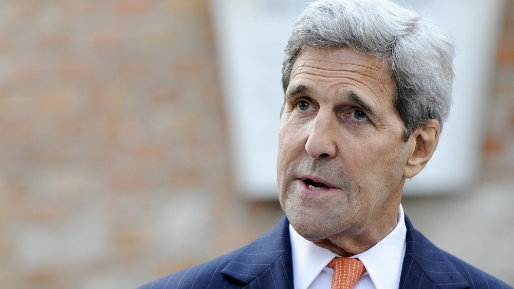 U.S. Secretary of State John Kerry reacts during a press statement at the Palais Coburg where talks between the E3+3 (France, Germany, UK, China, Russia, US) and Iran continue, in Vienna, Austria on July 9, 2015. (Photo by Herbert Neubauer/EPA)