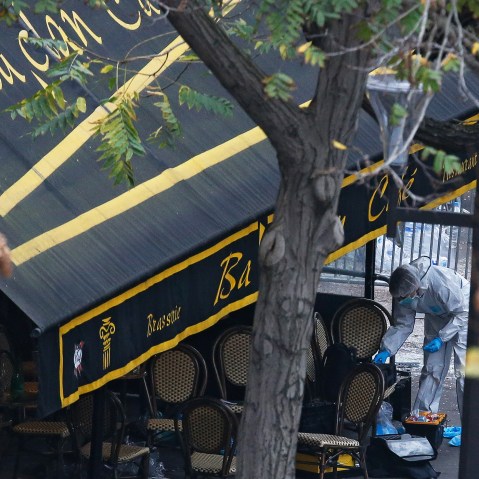 Crime scene investigators work at the Bataclan concert venue in Paris, France, Nov. 14, 2015. (Photo by Laurent Dubrule/EPA)