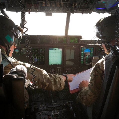Pilots of an Royal Air Force C-130 Hercules aircraft from RAF Akrotiri, Cyprus, searching for missing EgyptAir flight MS804, at sea in the Mediterranean off the Egyptian coast, May 19, 2016. (Photo by Helen Rimmer/British Ministry of Defence/EPA)