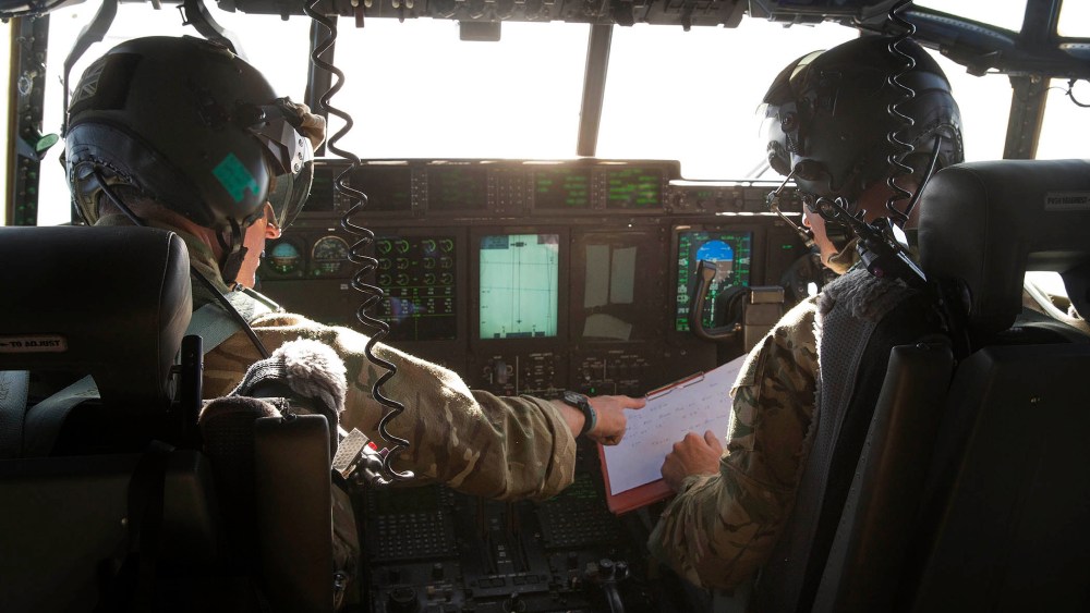 Pilots of an Royal Air Force C-130 Hercules aircraft from RAF Akrotiri, Cyprus, searching for missing EgyptAir flight MS804, at sea in the Mediterranean off the Egyptian coast, May 19, 2016. (Photo by Helen Rimmer/British Ministry of Defence/EPA)