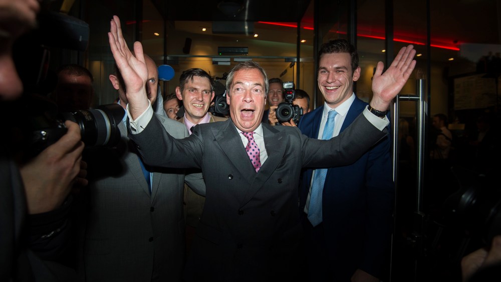 Leader of the UK Independence Party (UKIP) Nigel Farage leaves a 'Leave.EU Referendum Party' in London, Britain, June 23, 2016. Britons await the results on whether they remain in, or leave the European Union (EU) after a referendum.