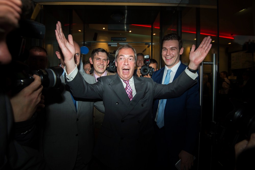 Leader of the UK Independence Party (UKIP) Nigel Farage leaves a 'Leave.EU Referendum Party' in London, Britain, June 23, 2016. Britons await the results on whether they remain in, or leave the European Union (EU) after a referendum.
