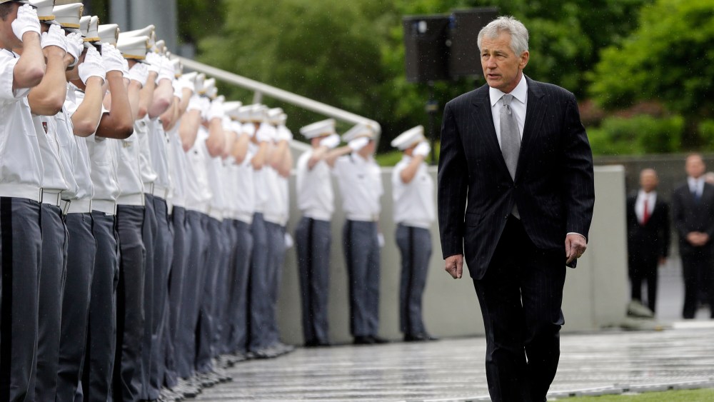 Defense Secretary Chuck Hagel arrives for a graduation and commissioning ceremony at the U.S. Military Academy, Saturday, May 25, 2013, in West Point, N.Y. (AP Photo/Mike Groll)
