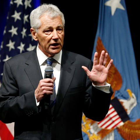 Secretary of Defense Chuck Hagel speaks to service members and civilian employees on his first day in his new post after being sworn in, at the Pentagon on February 27, 2013. (Photo by Jonathan Ernst/Reuters)