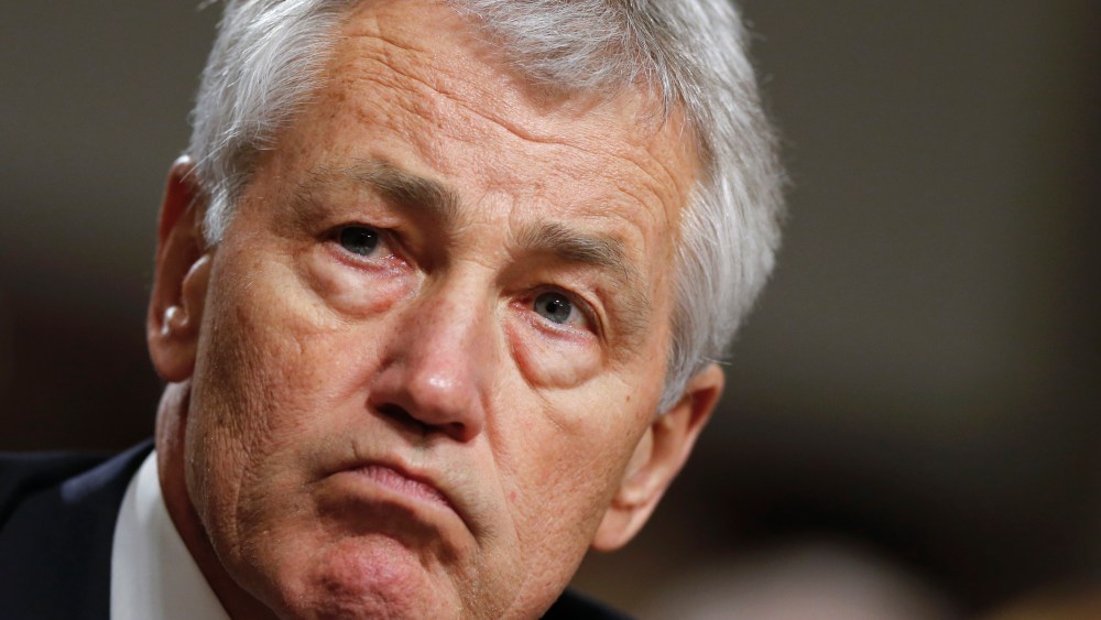 Former Nebraska Sen. Chuck Hagel testifies on Capitol Hill in Washington before the Senate Armed Services Committee's confirmation hearing. He was rumored to have given a paid speech to a fake organization called "Friends of Hamas." (AP Photo/J. Scott...