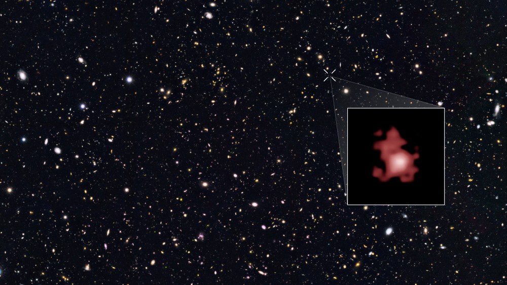 This image shows the position of the most distant galaxy discovered so far within a deep sky Hubble Space Telescope survey called GOODS North (Great Observatories Origins Deep Survey North).