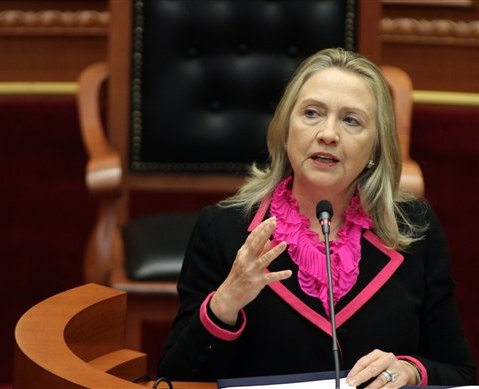 U.S. Secretary of State Hillary Rodham Clinton earlier this month.  (AP Photo/Hektor Pustina)
