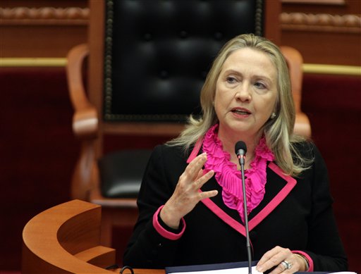 U.S. Secretary of State Hillary Rodham Clinton earlier this month.  (AP Photo/Hektor Pustina)