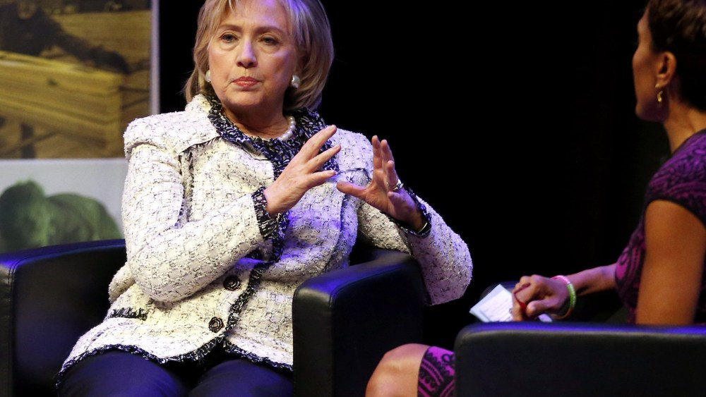 Former Secretary of State Hillary Rodham Clinton, left, is interviewed by television journalist Robin Roberts on May 7, 2014, at the Ford Foundation in New York.