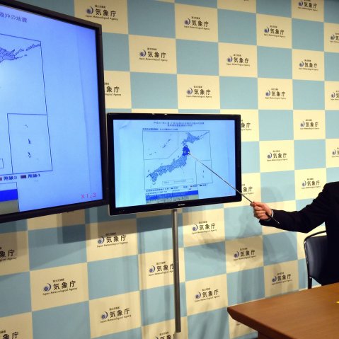 An earthquake expert from Japan's Meteorological Agency, Yasuhiro Yoshida, speaks at a press conference at their headquarters in Tokyo on Feb. 17, 2015 after an earthquake hit northern Japan.