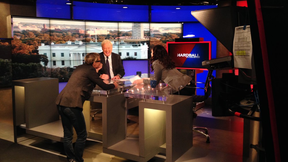 "Hardball" host Chris Matthews chats on set with "House of Cards" actors Robin Wright and Mozhan Marno.