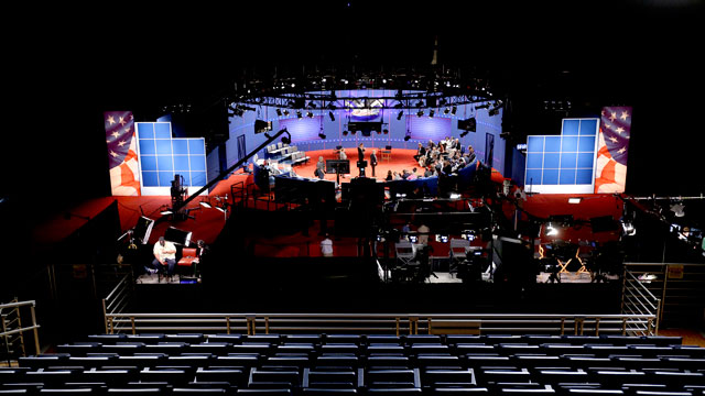 AP Photo (Stage for  presidential town hall debate at Hofstra University)