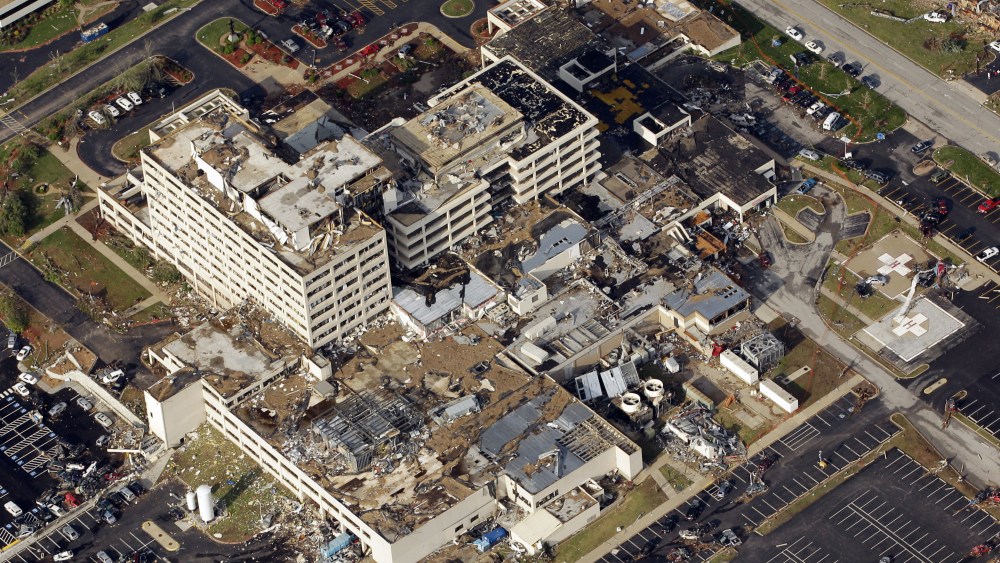 This image shows the severely damaged St. John's Regional Medical Center in Joplin, MO.