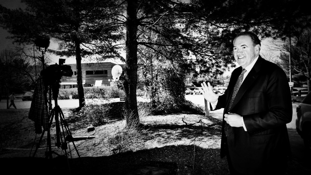 Mike Huckabee does a TV interview outside of the #FITN Republican Leadership Summit in Nashua, N.H., April 18, 2015. (Photo by Mark Peterson/Redux for MSNBC)
