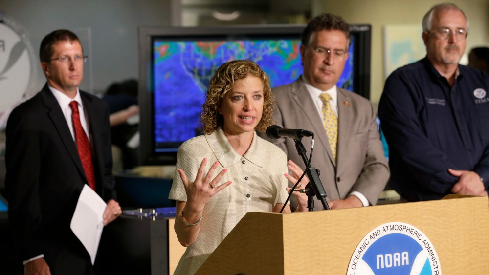 Debbie Wasserman Schultz speaks during a news conference, Friday, May 31, 2013 at the National Hurricane Center in Miami.