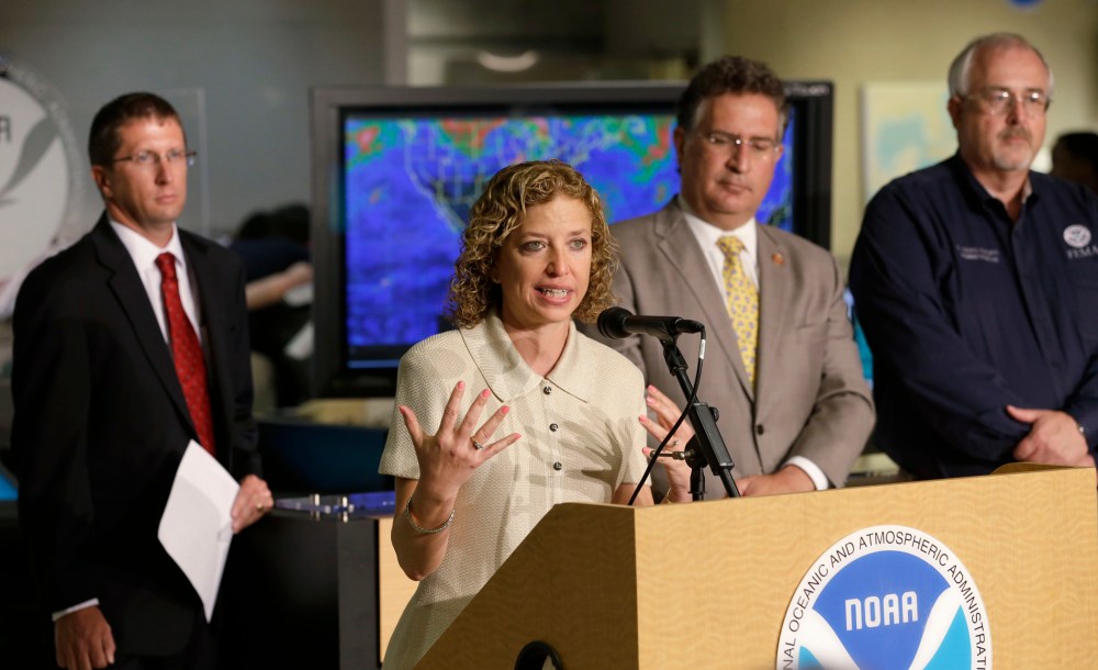 Debbie Wasserman Schultz speaks during a news conference, Friday, May 31, 2013 at the National Hurricane Center in Miami.