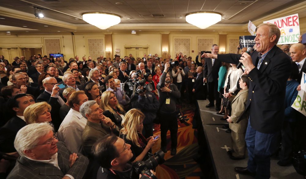 Bruce Rauner addresses supporters after winning the Republican gubernatorial primary, Tuesday, March 18, 2014, in Chicago.