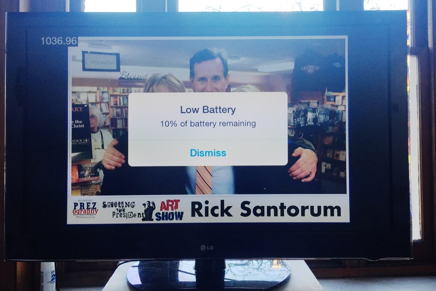 A foreboding message is displayed on a screen at the Polk County Heritage Gallery, Des Moines, Iowa, Jan. 29, 2016. (Photo by Benjy Sarlin)