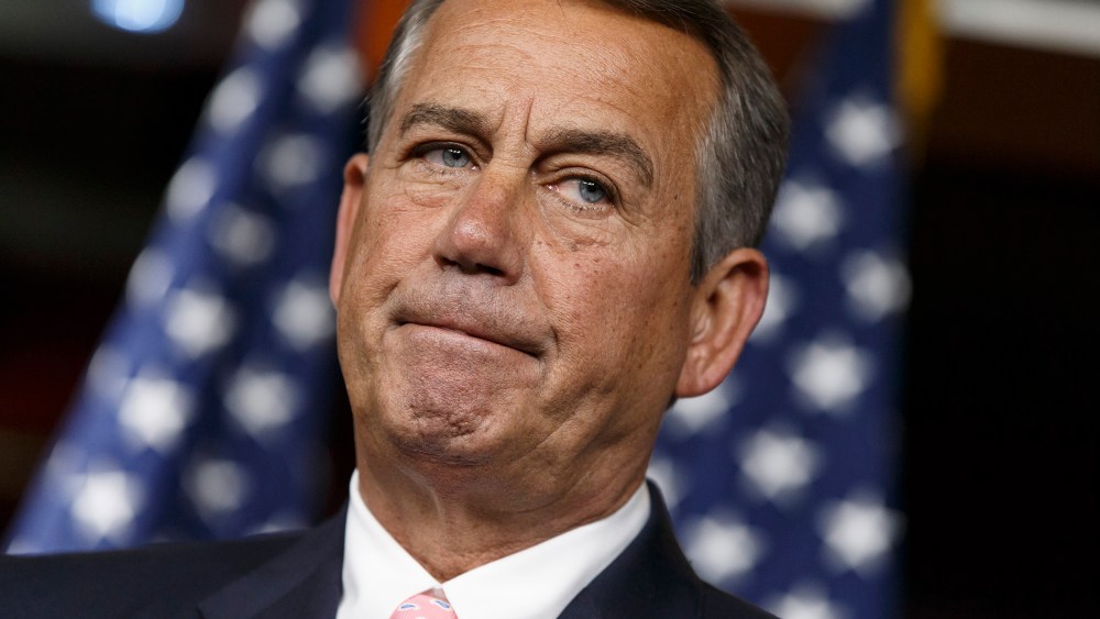 Speaker of the House John Boehner, R-Ohio, talks with reporters on Capitol Hill in Washington, Thursday, July 24, 2014.