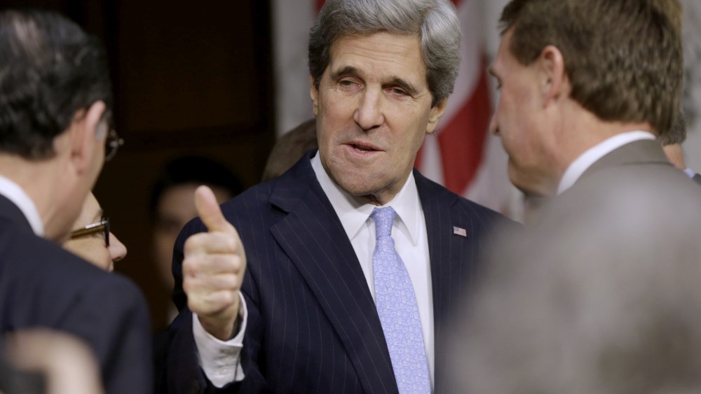 Senate Foreign Relations Chairman Sen. John Kerry, D-Mass., President Barack Obama's nominee to become secretary of state, gives a 'thumbs-up' as he arrives  on Capitol Hill in Washington, Thursday, Jan. 24, 2013, to testify before his confirmation...