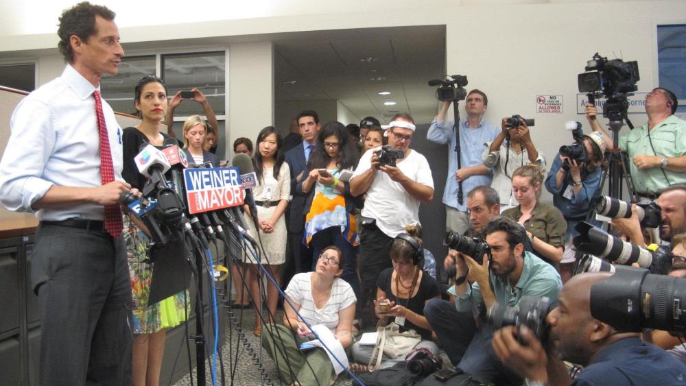 NYC mayoral candidate and former congressman Anthony Weiner speaks to reporters during a press conference this afternoon.