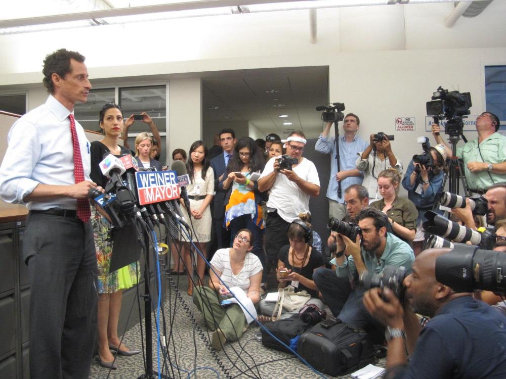 NYC mayoral candidate and former congressman Anthony Weiner speaks to reporters during a press conference this afternoon.