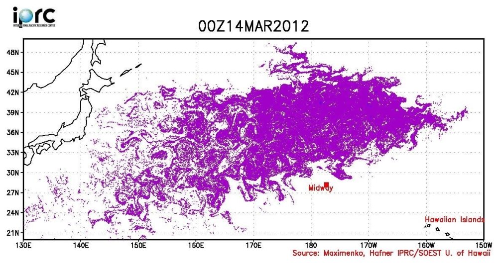 The IPRC of the University of Hawaii tracks the debris daily. Here, we see the debris cloud from March 14, 2012.