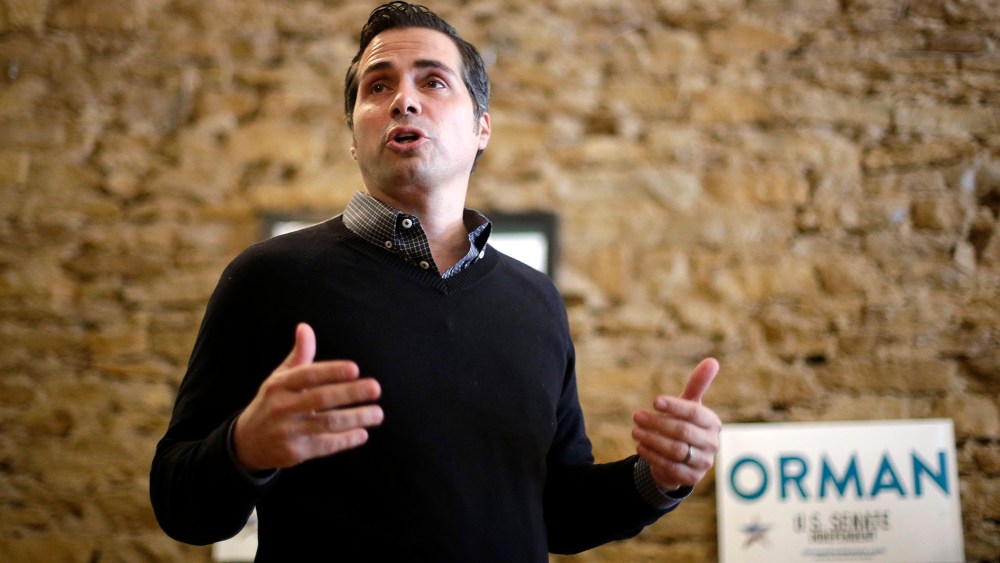 Independent senate candidate Greg Orman talks to supporters during a campaign event Nov. 1, 2014, in Topeka, Kan. (Photo by Charlie Riedel/AP)