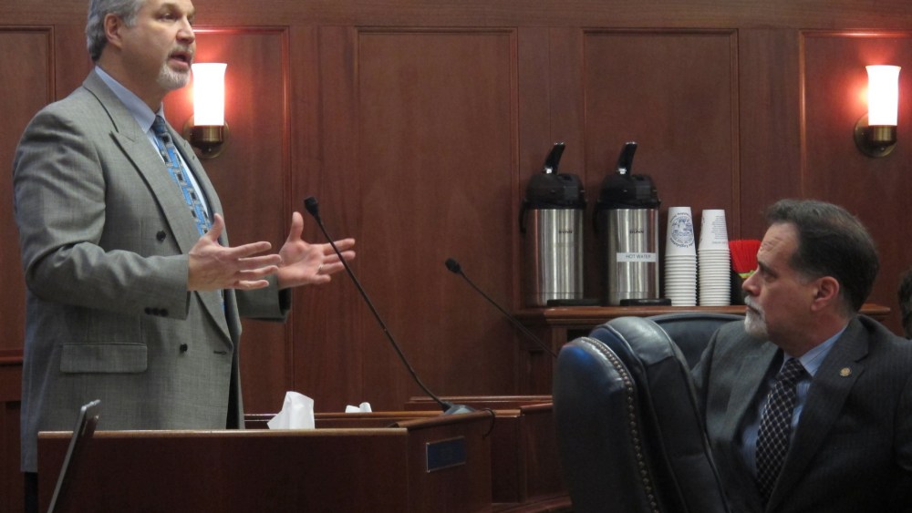Sen. Pete Kelly, R-Fairbanks, speaks on the floor of the Alaska Senate on Friday, Feb. 7, 2014, in Juneau, Alaska.