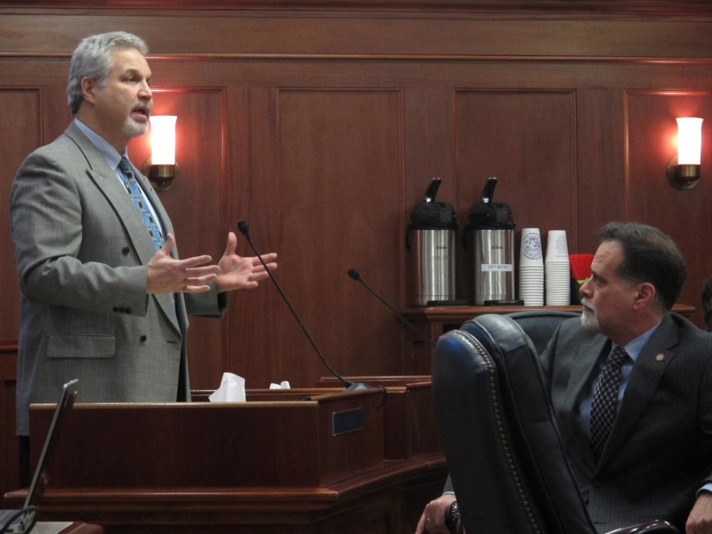 Sen. Pete Kelly, R-Fairbanks, speaks on the floor of the Alaska Senate on Friday, Feb. 7, 2014, in Juneau, Alaska.