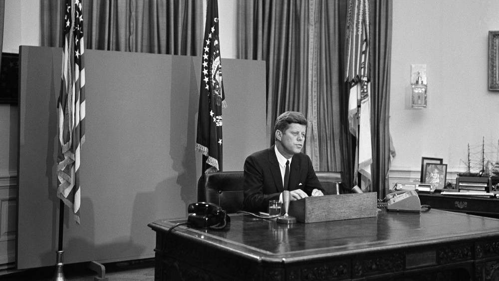 President John F. Kennedy is shown as he started his radio-television address to the nation on civil rights, June 11, 1963 in Washington. (Photo by Charles Gorry/AP)