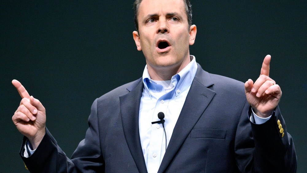 U.S. Senate candidate Matt Bevin (R-Ky), speaks to a gathering at FreePAC Kentucky, Saturday, April 5, 2014, at the Kentucky International Convention Center in Louisville, Ky.