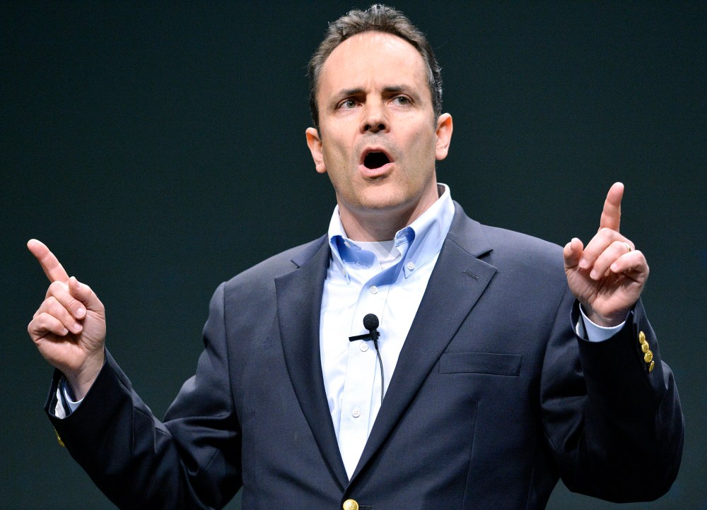 U.S. Senate candidate Matt Bevin (R-Ky), speaks to a gathering at FreePAC Kentucky, Saturday, April 5, 2014, at the Kentucky International Convention Center in Louisville, Ky.